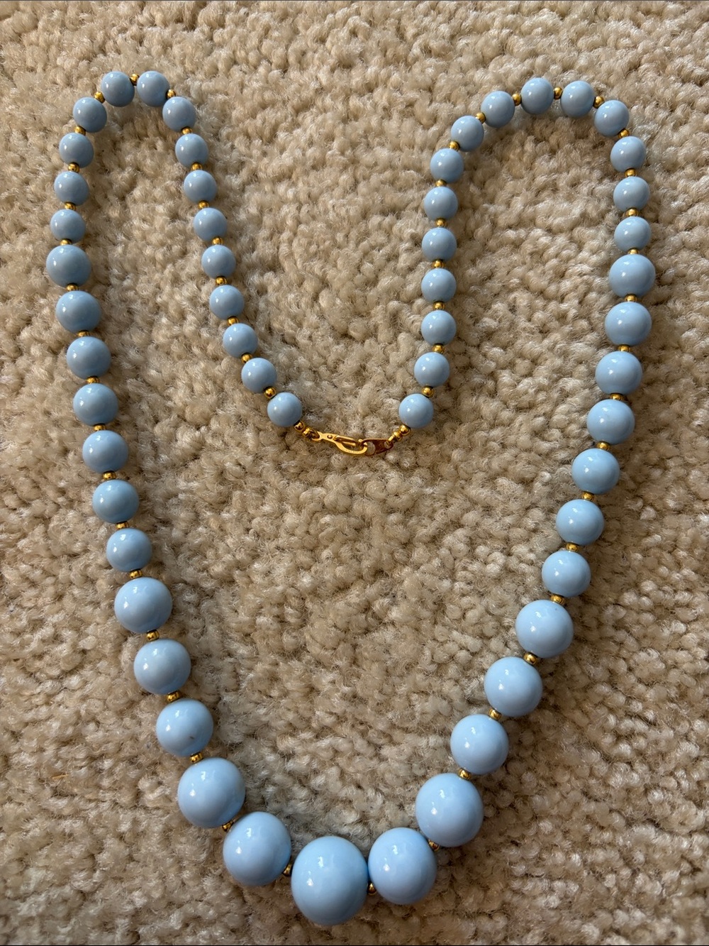 Vintage Marvella Light Blue Graduated Beaded Necklace w/Gold Tone Spacer Accents